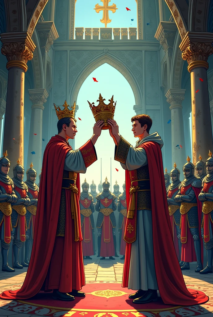 comic style. inside the Castle. Young Arthur during coronation. blonde with blue eyes. the bishop holding his crown actioning to put it on his head. Don't make it close up make sure they both are standing. And there should be knights in the background