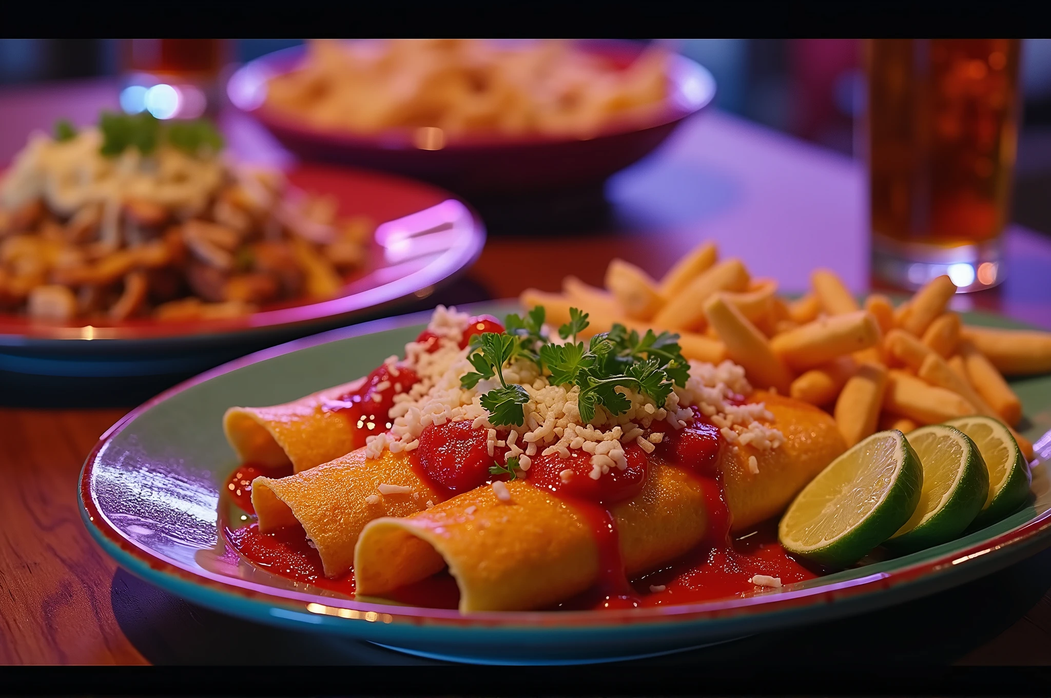 ((Unforgettable)), ((Immersive)), ((Enchanting)), ((Mind-blowing)), ((Vibrant)), ((Captivating)), food, Enchiladas, Fish Tacos, Nachos, photograph, Photo, Snapshot, Capture, cinematic lighting, Evocative lighting, Filmic illumination, Dramatic lighting, Increased contrast, Enhanced colors, Reduced reflections