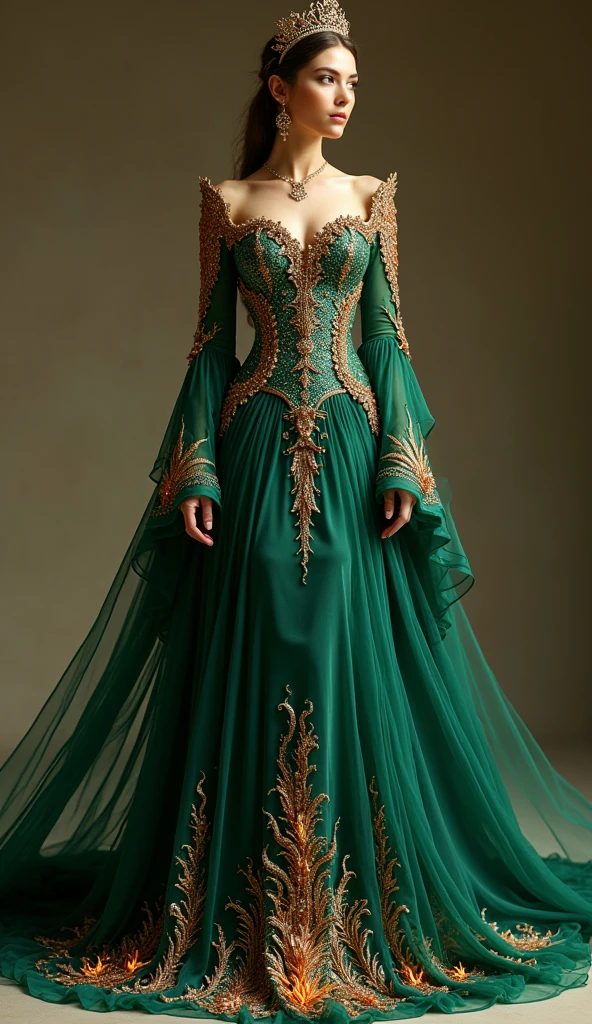 (Draconic Majesty-inspired dress, featuring elements of dragon scales and fire, with a color palette of emerald green and bronze:1.2),
(dress has a fitted bodice with a high neckline, adorned with intricate scale patterns in shimmering emerald and bronze thread, sleeves are long and dramatic, with flame-like appliques in metallic fabric),
(skirt is floor-length with a mermaid silhouette, crafted from layers of silk and organza, creating a flowing effect that mimics the movement of dragon wings, hemline is embellished with beadwork and fiery motifs:1.2),
(Accessories include a bronze tiara with dragon motifs and matching earrings, completing the regal and mystical look),
