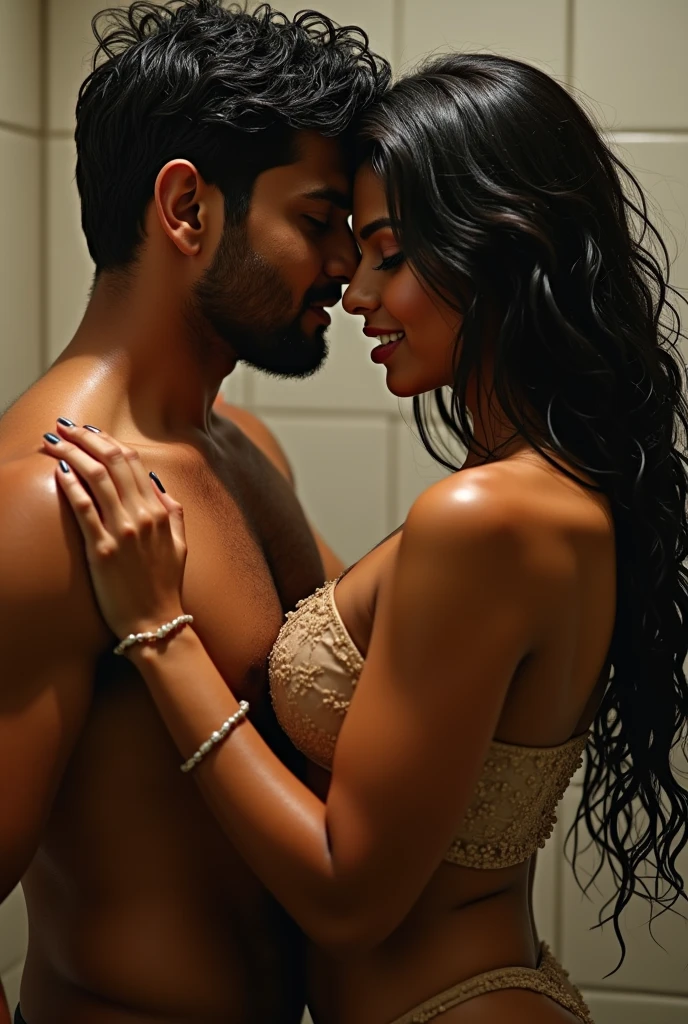 very realistic image, hot scene, erotic love making scene with boobs, Hot Indian girl and boy, girl is drenched, girl open mouth in pleasure, boy's toucher her breast, bathing in shower, short transparent dress, round boobs, cleavage, in shower, girl is facing camera