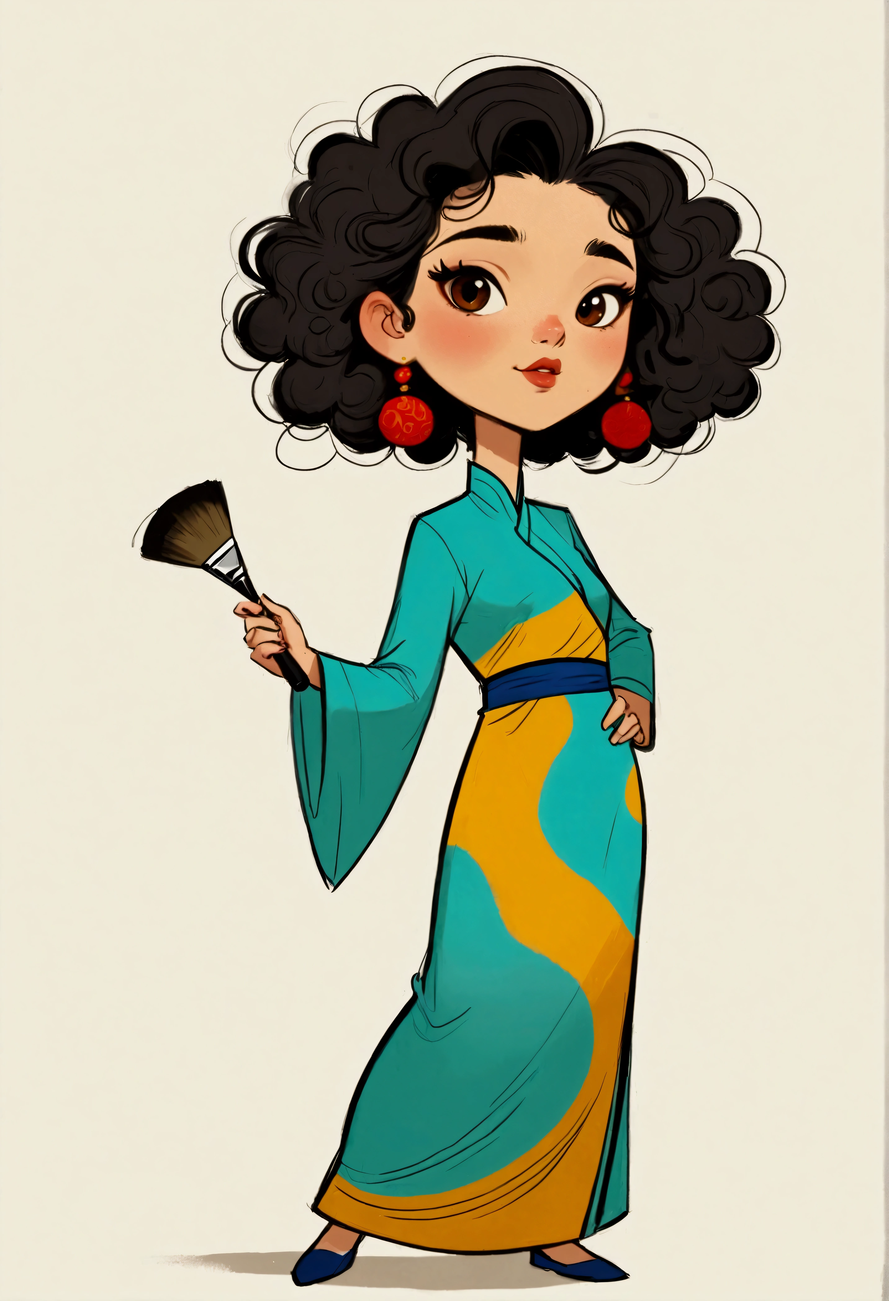 (((Exaggerated digital character sketches:1.37))).(1 Girl，Face paint，cheongsam，Solitary，Fluffy curly hair，(Exaggerated expression,)，(Black sketch lines，Loose brushstrokes create the outline，Cartoon Style. Bright colors and simplified lines, sketch)。(Exaggerated body movements，holding a paintbrush in his hand),(Large area of blank）