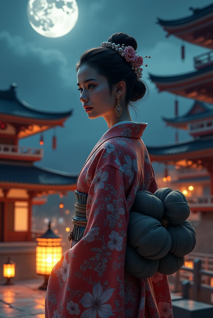 Beautiful kimono woman in Japanese castle at night