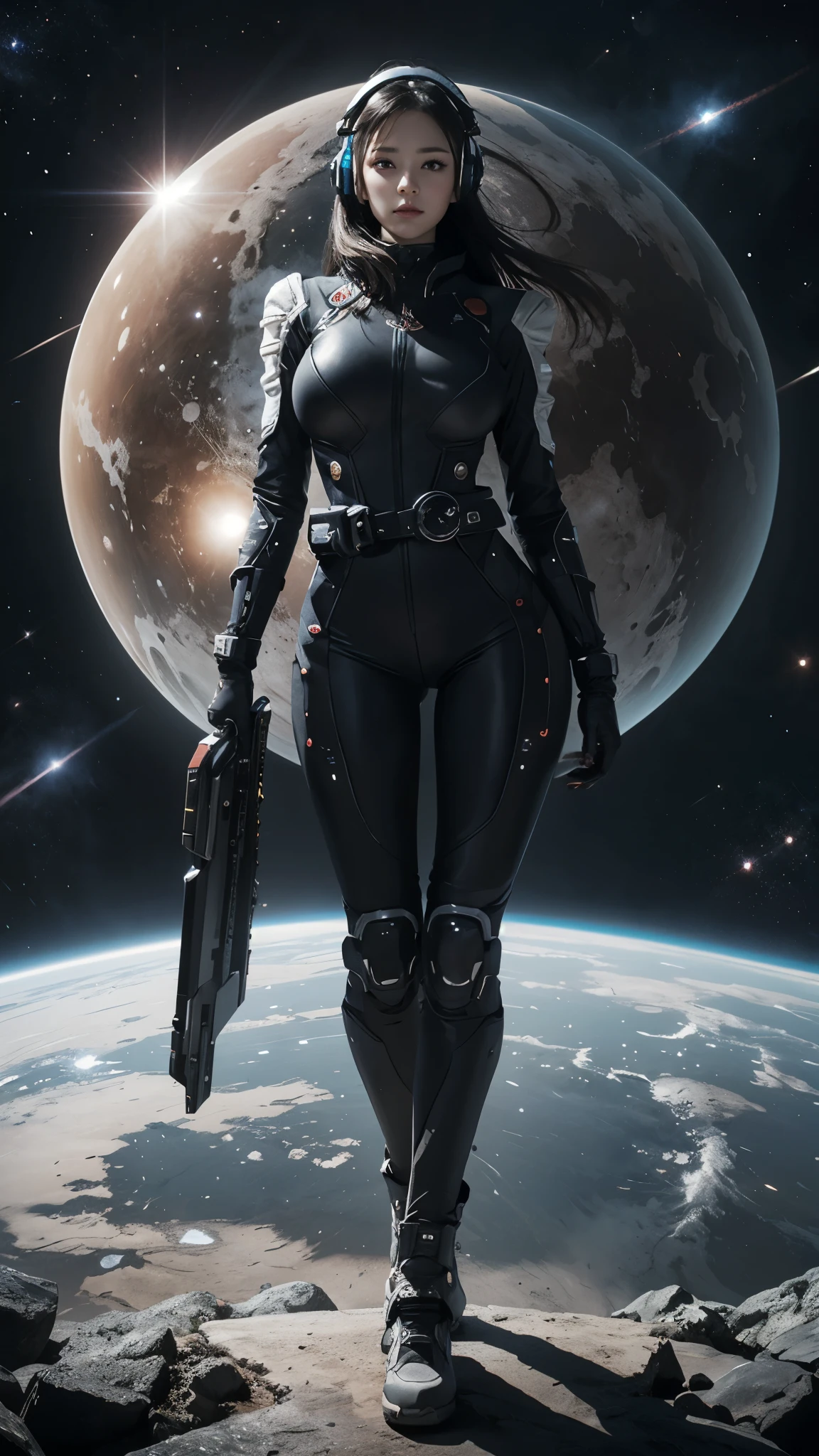 girl, full body, standing, holding a railgun, skin tight bodysuit, spacesuit, sleek mechanical design, gigantic breasts, electronic belt, detailed face, looking at viewer, headset, planet with ring belt, cosmos, nebulae, dark gothic aesthetic, dramatic gradation lighting, imposing stnace, long black hair, swirling light, intense red, extremely detailed, jewel facets,