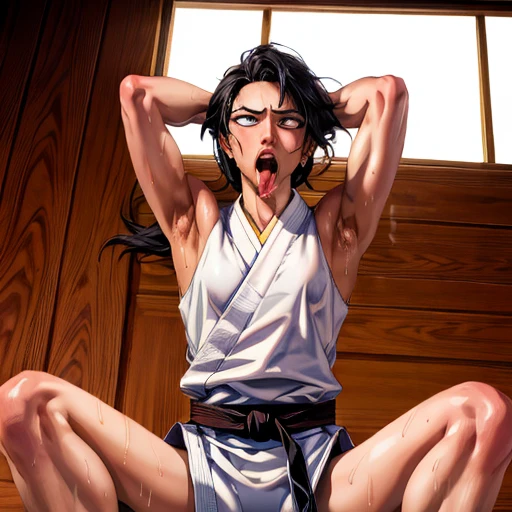 ((((masterpiece, best quality, high resolution)))), Extremely detailed 8K, 1 female, wearing a white Karate gi, (ahegao),white eyes, Small breasts,full body, kneeling, tired, (muscle:1.4), japanese clothes,  No underwear,No eyeballs, Facing the audience, looking at the audience, tired, from below, (Exposed armpit:1.1), ((armpit:1.2)), sexy, Sweating, More and more sweat,(ahegao), (Roll your eyes),  open mouth, Sticking out tongue, saliva, Slobber,Skinny, raise arms, (arms above head:1.5)(Ultra HD, Ultra-detailed, Highly detailed, Highly realistic, Ultra-realistic, photograph realistic), (1girl:1.5), (Realistic black hair), (dynamic poses), facing at camera, looking at viewer, (slightly serious face), (perky breasts:1.2), (beautiful detailed face, beautiful detailed eyes), ((worn out karate gi)), (preparing for a fight), sweat, glow, (sunbeam, sunlight), ((cowboy shot)), inside a training gym, seductive, EnvyBetterHands LoCon,