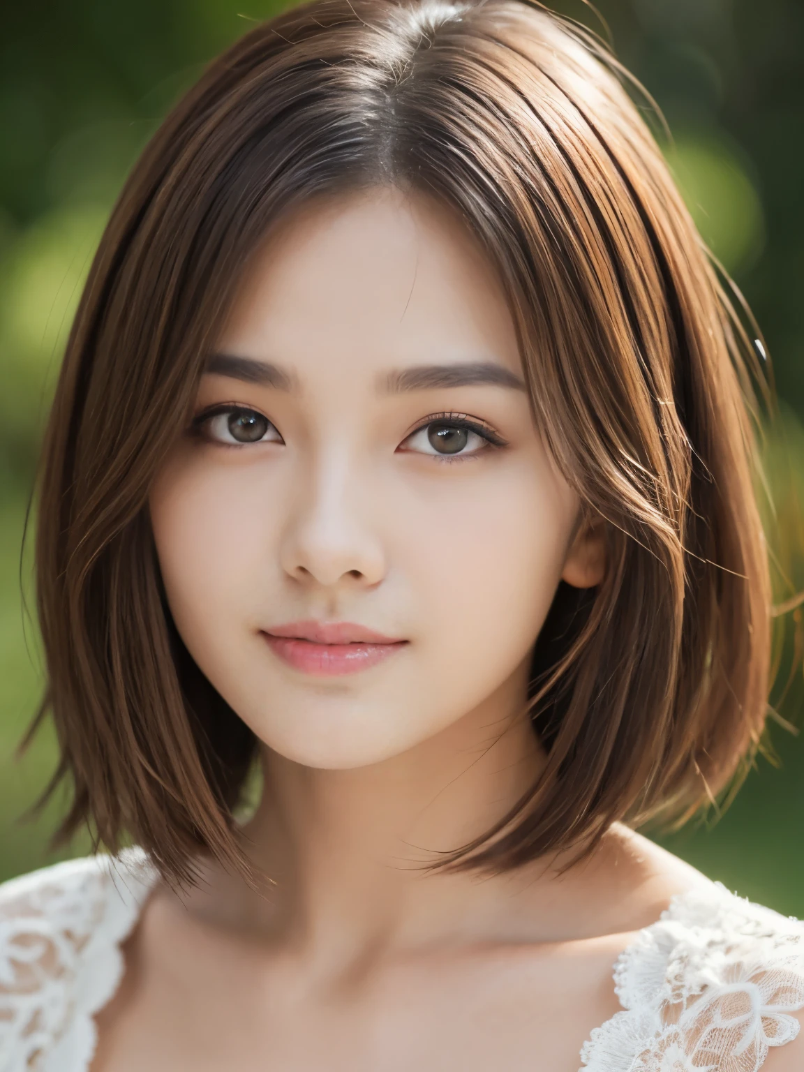 (RAW Photos), (Photorealistic), (masterpiece), (Highest quality), High resolution, 8K resolution, (Intricate details), (Light and voluminous), Portraiture, woman, short hair, Straight hair, Layered Hair, Brown Hair, Highly detailed eyes, Very fine eyebrows, Highly detailed skin, Highly detailed mouth, Highly detailed nose, Cute like an idol, smile, ((Thick lips)), ((look into the viewer'Eyes)), (Shapely breasts), (Cleavage), (Elegant see-through blouse), (Westshot), Bright cafe terrace background with cityscape view,