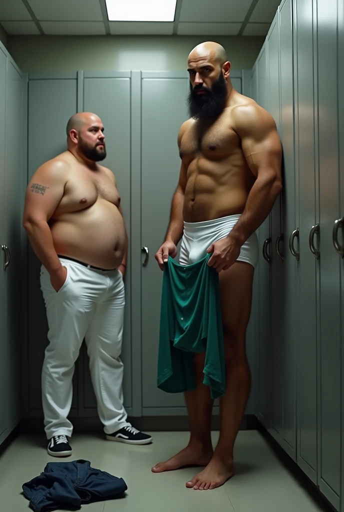 A handsome, hairy, bearded, spotted Persian man in white underwear with a pair of green surgical center pants in his hand, open closet, small changing room, being discreetly observed in the background and very closely by a very fat bald man standing shirtless wearing white pants and white shoes. Surrounded by gray cabinets. Black shirt and blue jeans on the floor.