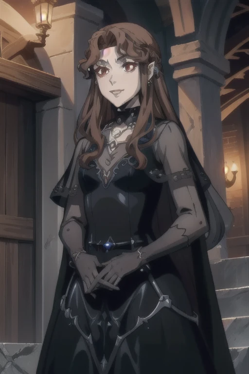LenoreCastlevania, black dress, black gloves, blue dress, cape, earrings, fangs, hair ornament, jewelry, long dress, necklace, see-through, red eyes, smile, Solo, 1girl, Masterpiece, Best Quality,