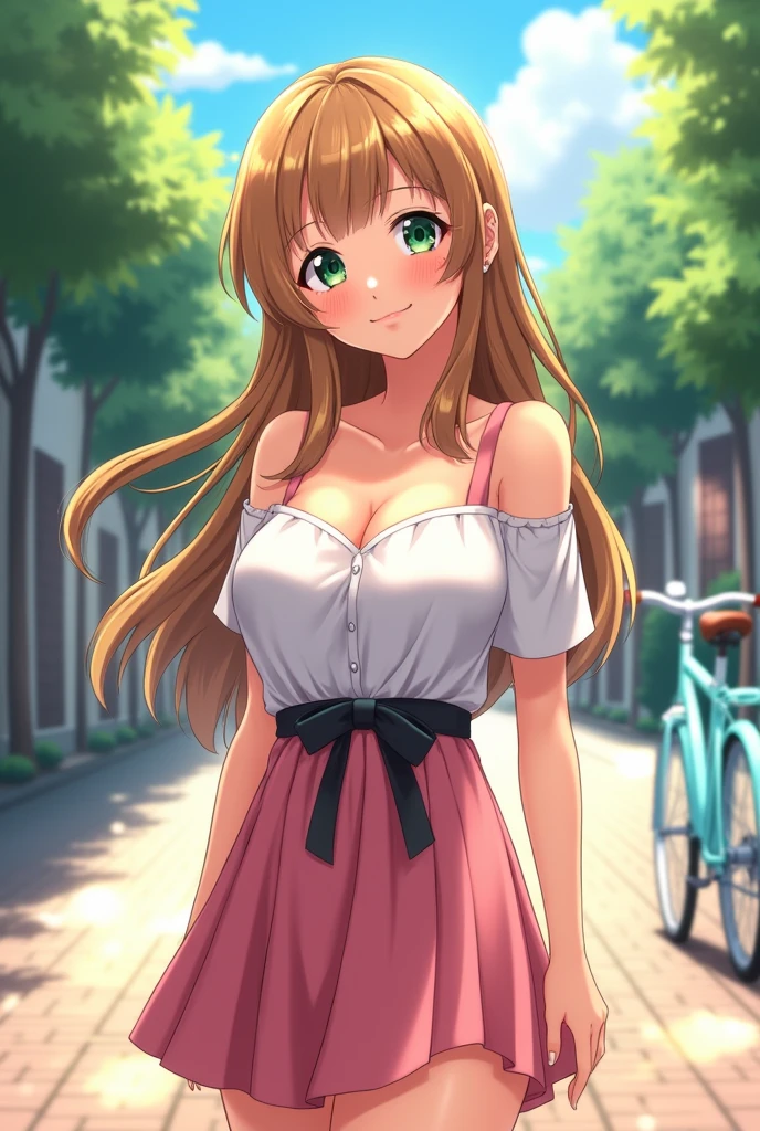 anime girl,university student,Big breasts,Smile,Long brown-blond hair,Green eyes, off shoulder white shirt,Waist,pink long skirt,Beautiful anime art work, The waist is tied up with a delicate black ribbon,Anime style 4K, Anime Art Wallpaper 4k,University campuses,Light sky blue lady's bicycle
