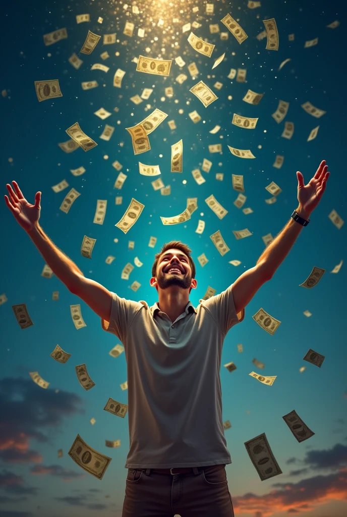 A handsome 30-year-old man smiles happily, looks up, and spreads his arms, waiting to receive money. There is a lot of money falling from the sky. It is a beautiful night.