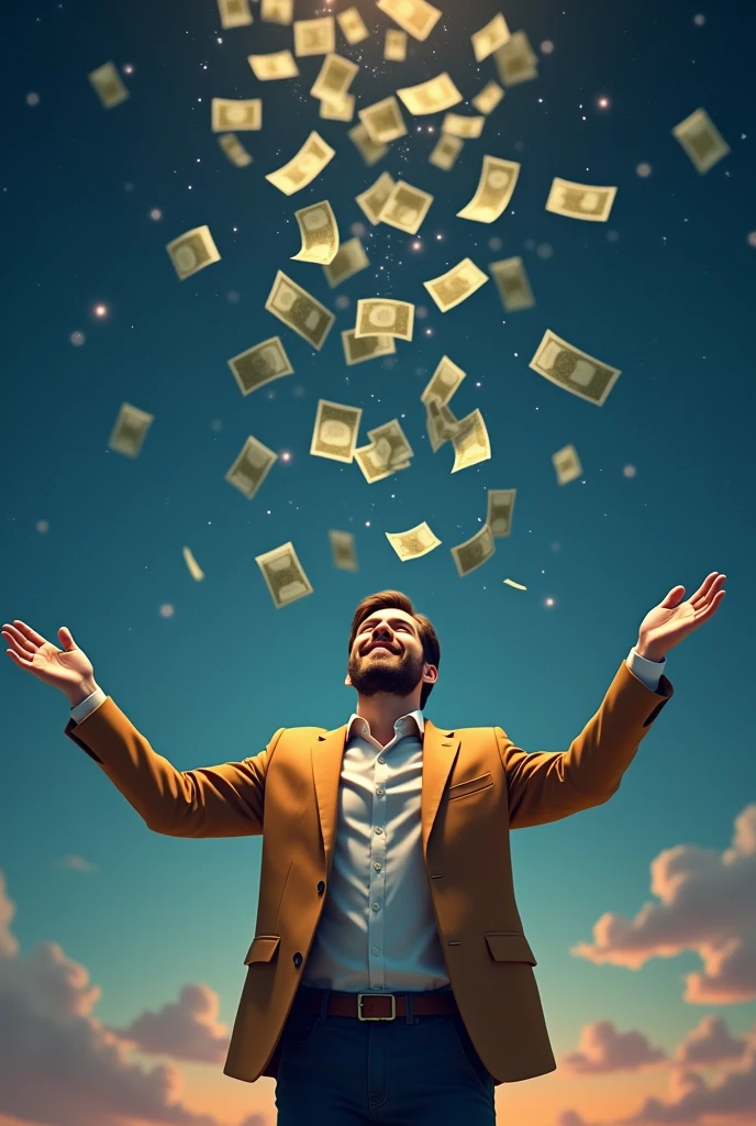 A handsome 30-year-old man smiles happily, looks up, and spreads his arms, waiting to receive money. There is a lot of money falling from the sky. It is a beautiful night.