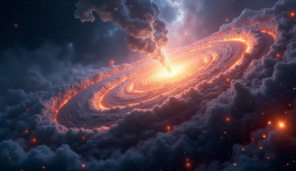 
A swirling vortex of cosmic dust and gas, rendered in ultra-realistic detail, explodes outwards, revealing a universe teeming with vibrant, nebulous formations. Glowing stars in every shade of the spectrum pierce the darkness, their light casting long, ethereal shadows across the canvas.  Each individual particle of dust is meticulously depicted, swirling in a mesmerizing dance of light and gravity. The vastness of the cosmos is captured in breathtaking 8K resolution, revealing the intricate beauty of the universe on a scale never before seen. 
