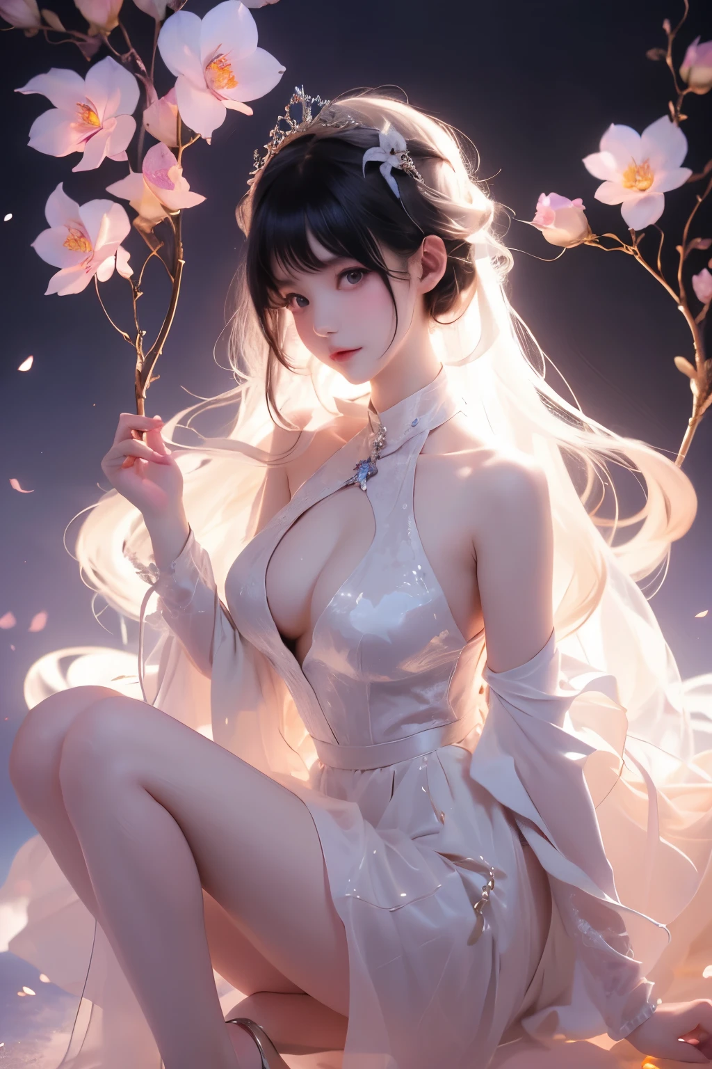 yingtze（quality improvement：1.4），1girl, Visible cleavage，Sexy long legs，The skirt is short，She gently lifted her skirt with one hand,Surrounded by white Phalaenopsis orchids，Lilac dendrobium、White Lily, Flying petals，（Top quality leather), Delicate face,Black Hair, Gradient hair, Body,（Body1.1）, He has a precious gem on his forehead.., Frameless glasses, Shining Student，Long eyelashes,Smile, Surrealism, Movie Lighting, Projection Insertion, Surrealism, Ultra HD, masterpiece，lie，Keep dreaming，Open your legs slightly.，Tattoo，Fantasy Space，Luxurious space，Exquisite makeup，Blush，Shy expression