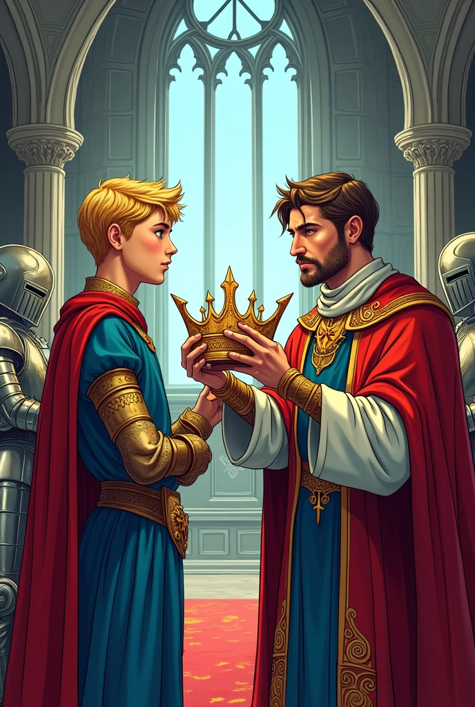 comic style. inside the Castle. Young Arthur during coronation. blonde with blue eyes. the bishop holding his crown actioning to put it on his head. Don't make it close up make sure they both are standing. And there should be knights in the background. And and blue eyes. Landscape size