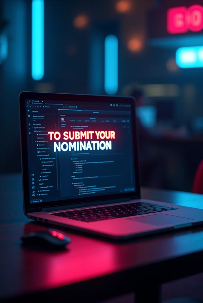Create an image in cinematic style of A sleek laptop displaying the nomination form, with the tagline "Submit Your Nomination Today" in a vibrant font