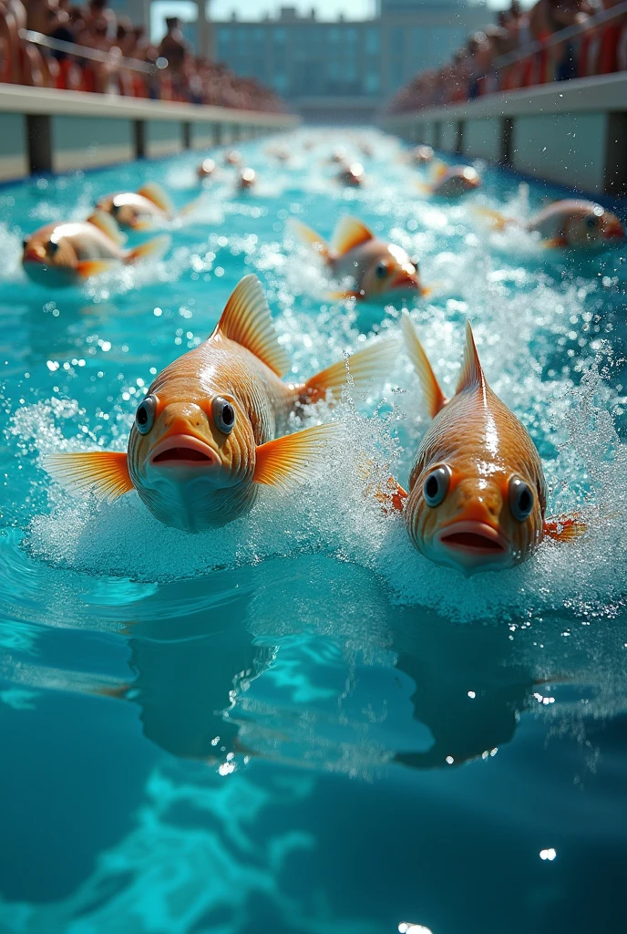 Generate a photo of tilapia swimming in competition