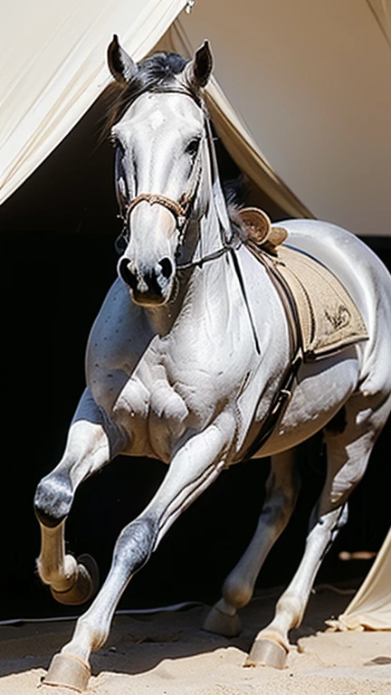 Woman ride White horse, harness, red bridle, hand hold red reins , red saddle, stirrup , running sand ride White horse,Front view , ((Full-body, in Arabian tent), a Persian ancient girl, looking at viewer, exotic Persian girl is 20 years old, (Black hair ,long hair, Brown eye, (Her eyes were outlined with kohl:1.3) , little Lips, serious, head band jewel), (big breasts, wide hip), (She wore a knee-length light blue gorgeous design gown adorned with intricate embroidery, complemented by gold bangles and necklaces. A second, longer shawl covered her head and shoulders, framing her face like a white see-through veil), ((Surrealism, Verism, UHD, retina, masterpiece, anatomically correct, accurate, textured skin, super detail, high details, high quality, best quality, highres, 8k))