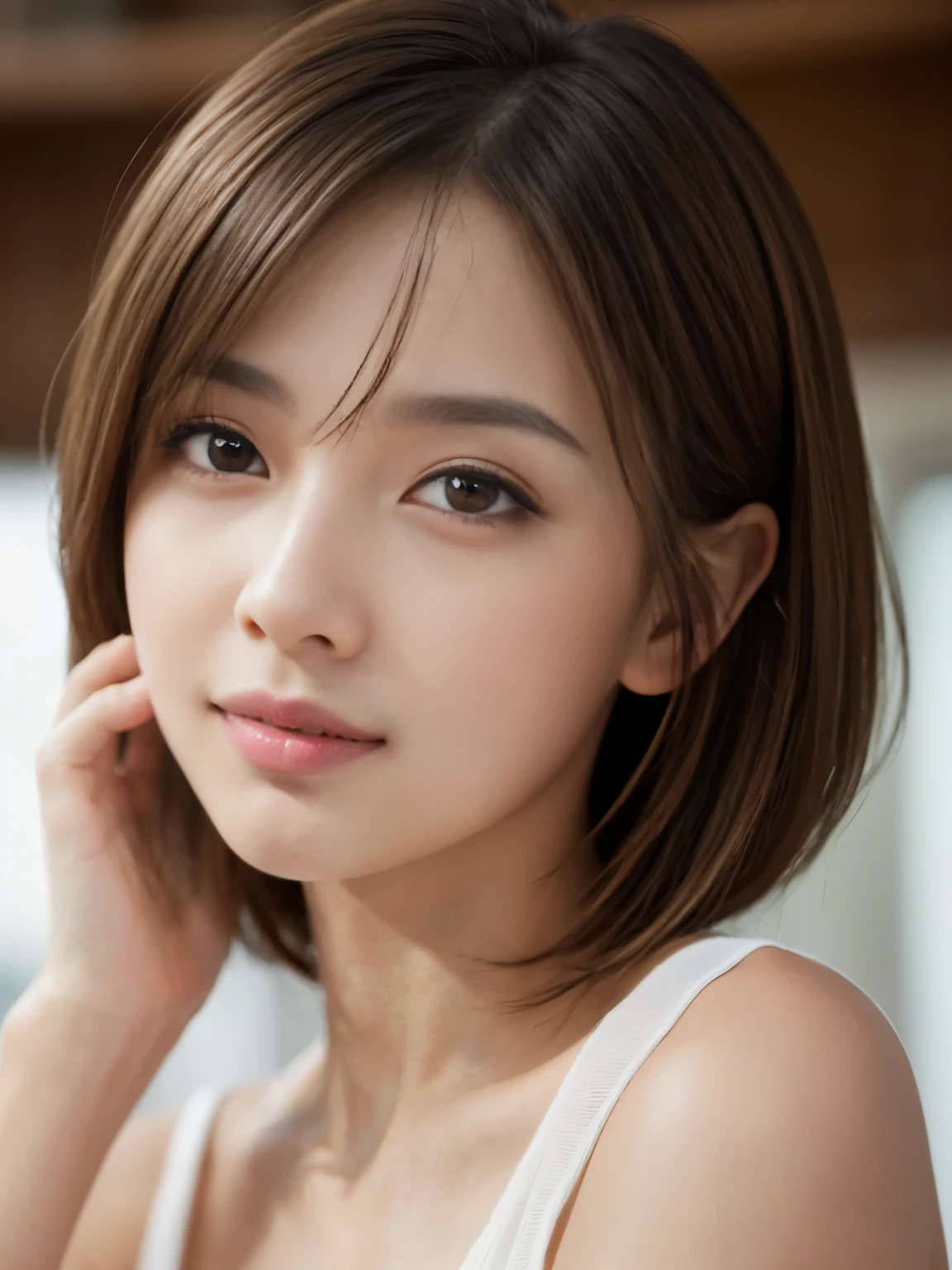 (RAW Photos), (Photorealistic), (masterpiece), (Highest quality), High resolution, 8K resolution, (Intricate details), (Light and voluminous), Portraiture, woman, short hair, Straight hair, Layered Hair, Brown Hair, Highly detailed eyes, Very fine eyebrows, Highly detailed skin, Highly detailed mouth, Highly detailed nose, Cute like an idol, smile, ((Thick lips)), ((look into the viewer&#39;Eyes)), (Shapely breasts), (Cleavage), (Elegant see-through blouse), (Westshot), Bright cafe terrace background with cityscape view, 