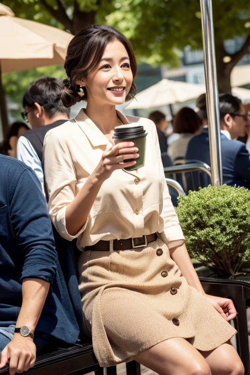 (Highest quality)、(High resolution)、(Ultra-detailed photos)、(Ultra-realistic texture)、(Illuminated subject)(8k images)(Clear Photography)(Real Photo) (Mature Japanese Woman)(Her hair was tied up in a caramel-colored chignon.)(A 40-year-old with a refined and well-proportioned face) (Her outfit is a light-colored top and a neat, chic and elegant skirt.) (Look at everyone with a refreshing and loving smile) (Men are captivated by her charms) (She is outdoors)(She poses elegantly and cutely in various locations.)(Walking through the crowds of the city)(Drinking coffee at a cafe)(Shop)(Sit on the grass in the park)Playing on the swings at the show)(sit in a train seat)(Take a seat on the bus)
