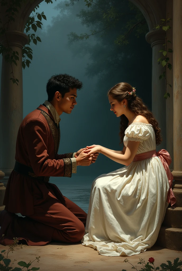 Crisostomo Ibarra kneeling at Maria Clara, and Crisostomo Ibarra holding Maria Clara's Hand