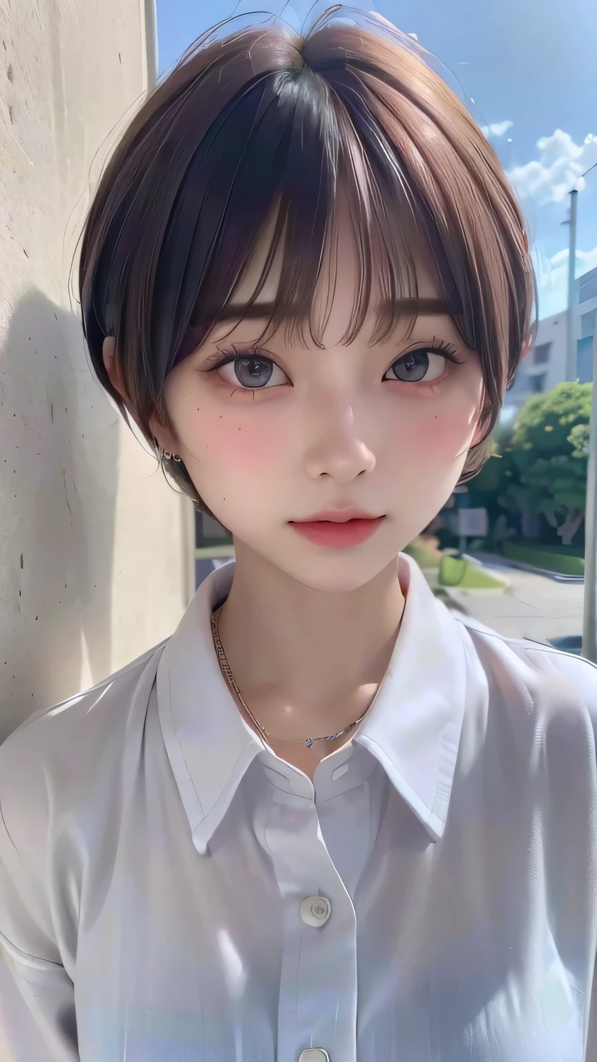 (Highest quality:1.3)、(Masterpiece:1.4)、Raw photo、8k、((Best image quality))、 ((High resolution))、Beautiful face in every detail、Realistic human skin、Gentle expression、(Cute natural anime face)、(One Woman:1.3)、Realistic、Photorealistic、short hair、(Beautiful woman)、((Cool Japan girl))、(boyish:1.5)、mannish、((Beautiful woman))、(Beautiful Hair)、((Dark brown hair))、(Blushing:1.5)、(Fashion Model:1.3)、(Every woman admires her face:1.3)、((Her eyes are big))、20 year old beauty、(Small face)、Small Head、((Long neck))、(High school girls)、uniform、(Japanese high school uniform)、(High school girlsのuniform)、((White button-up shirt))、(A shirt with a wide open chest)、Collared shirt、(necklace)、(The aspirations of young people)、(The center of attention in school:1.3 )、everyone will love her、You can almost see your cleavage、Attractive lips、[[smile]]、(She has a great figure)
