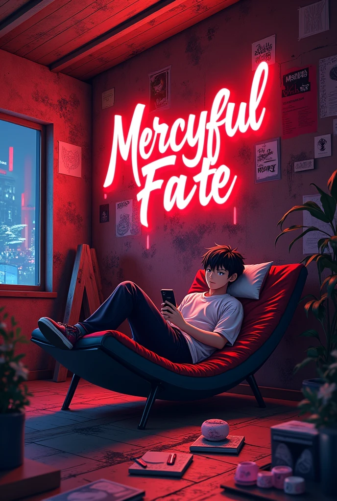 anime gaming profile a man relaxing on a lazy cradle holding phone in a creative room full with art and graffiti. Put neon gore style text in red and black " MercyFul Fate" At the wall