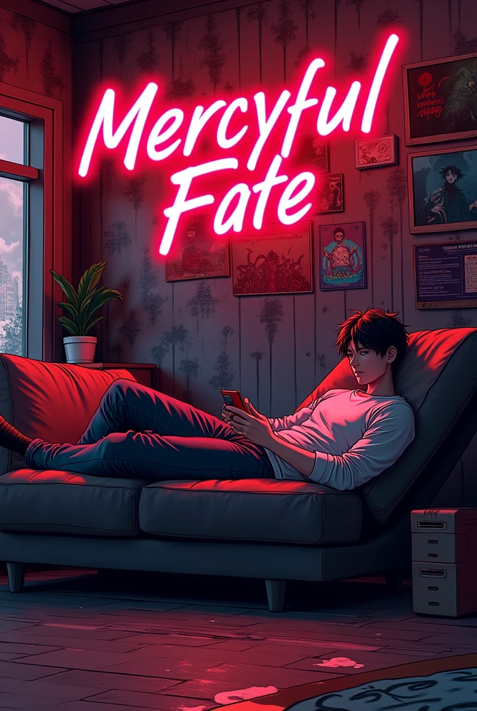 anime gaming profile a man relaxing on a lazy cradle holding phone in a creative room full with art and graffiti. Put neon gore style text in red and black " MercyFul Fate" At the wall
