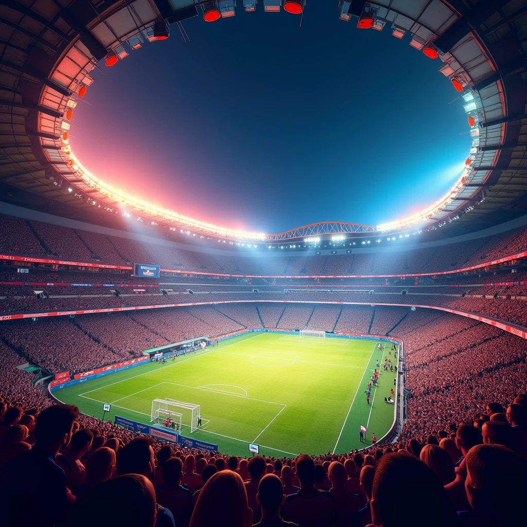 An exciting football match in a stadium full of spectators and floodlights, Passionate crowd, Dazzling stadium floodlights, Spectacular and inspiring moments, vibrant atmosphere, Mexican-themed, Dessert themed, Fantasy-themed stadium.