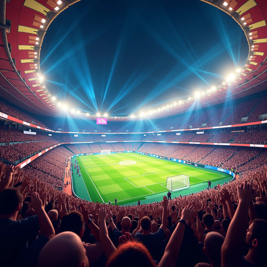 An exciting football match in a stadium full of spectators and floodlights, Passionate crowd, Dazzling stadium floodlights, Spectacular and inspiring moments, vibrant atmosphere, Mexican-themed, Dessert themed, Fantasy-themed stadium.