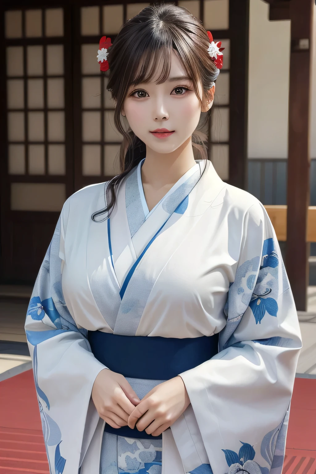 One Girl, 1 person,Highest quality,High resolution,超High resolution,8k,Realistic,Upper Body,encounter_audience,Large Breasts, the body is slim,(Kimono 1.2)