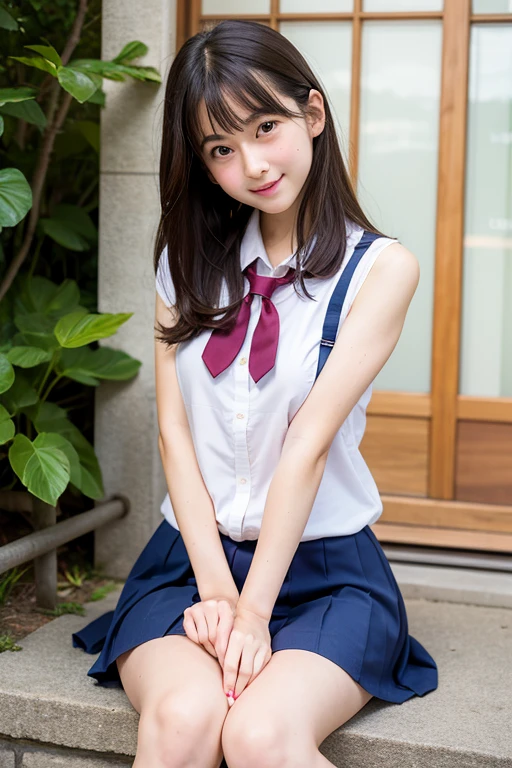 Beautiful face in every detail、Thin arms、Beautiful legs、Fair skin、Japanese schoolgirl、Moderate skin exposure、Small and thin body 、Wearing summer uniform、cute、High resolution, Large Breasts, Blushing, surprise, 