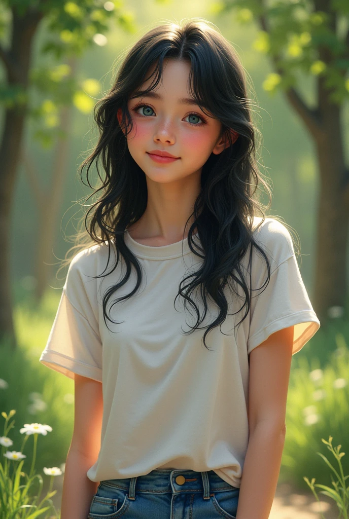 A age girl with blue eyes and long black hair, wearing a white t-shirt and jeans. With a relieved expression and a small smile while standing in the park.