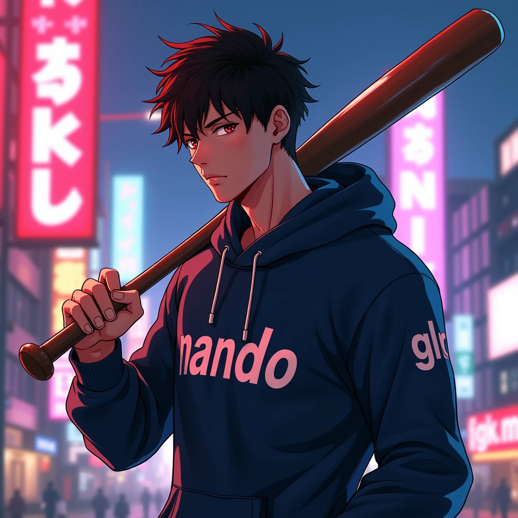 Create a character anime, {{background: large text “GLBK”, night city}}, tanned skin,
realistic, HDR, handsome, japan style, full body, use stick baseball, age 20, hoodie HD text: “NANDO”