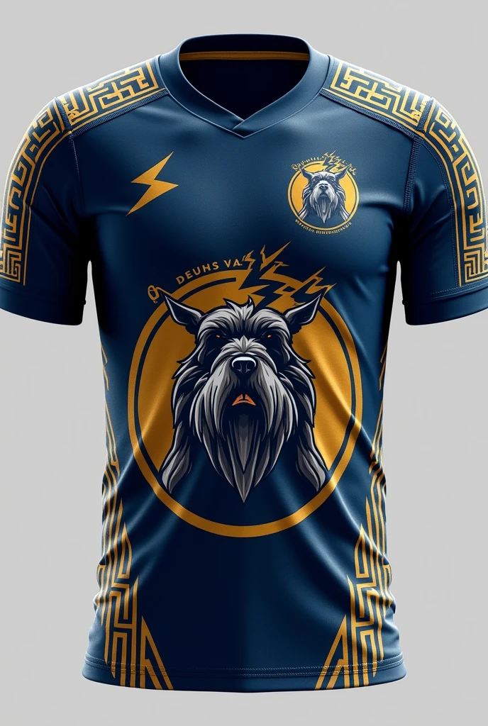 Design a soccer team uniform called Zeus with a giant schnauzer