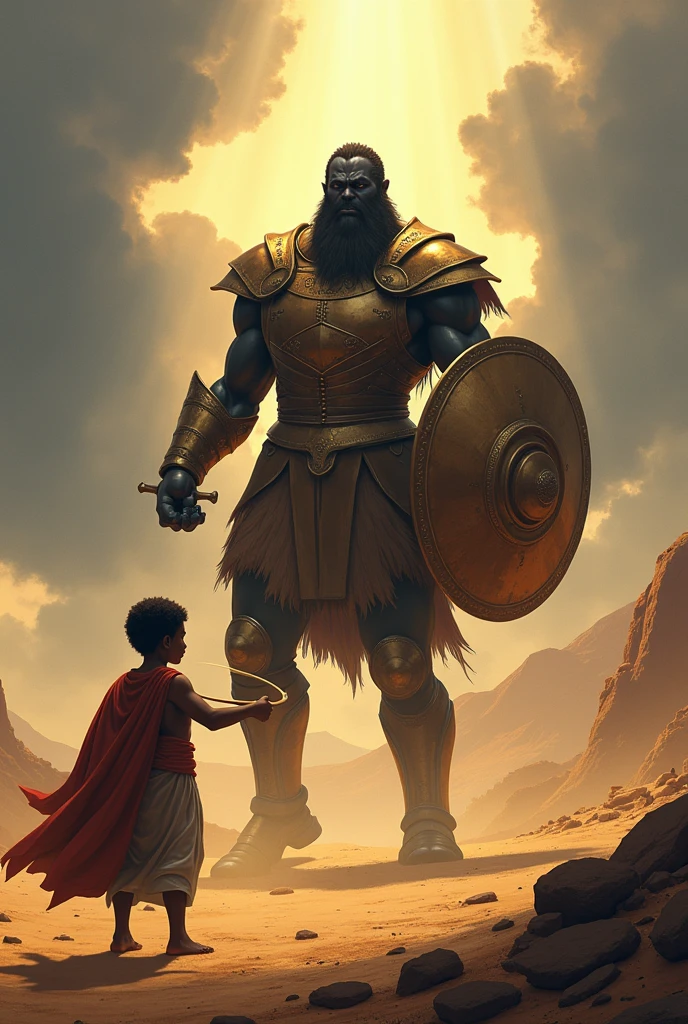 On the battlefield, David, a young black man dressed in his simple shepherd's robe, stands facing Goliath, a black giant covered in shining bronze armor. David spins his sling with an expression of absolute determination, ready to throw the stone. Goliath, much larger in size, approaches with a fierce expression, holding his giant sword and raising his shield. The surrounding scenery is arid and dusty, with low hills . The lighting is dramatic, with rays of sunlight piercing the dark clouds, highlighting the critical moment of the confrontation. The characters are drawn in a style that mixes realism and fantasy, with expressive features and an intense color palette, evoking the epic feel of the scene, in cartoom Disney Pixar style.