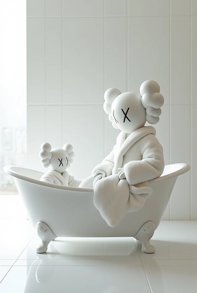 Create a white kaws in white bathrob have kaws baby in bathroom near the bathtub 