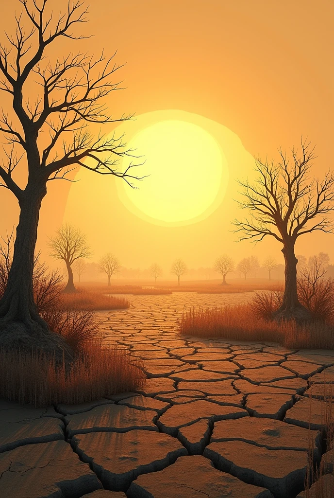 View of rice fields during the dry season, cracked soil, withered trees, hot sun.