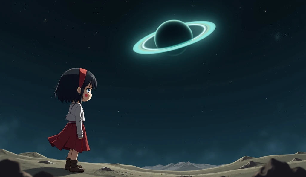 Mii girl on a deserted planet on deep space, you can see two more planets with rings,  black hair, short hair, ahoge, blue eyes, a red strap on hair, a red foot tattoo on her right cheek, Mii wears a skirt,  In the style of Makoto Shinkai。master piece, ultra detail, precision, ultra-realistic, anime art,
