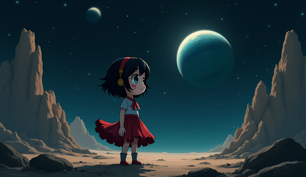 Mii girl on a deserted planet on deep space, you can see two more planets with rings,  black hair, short hair, ahoge, blue eyes, a red strap on hair, a red foot tattoo on her right cheek, Mii wears a skirt,  In the style of Makoto Shinkai。master piece, ultra detail, precision, ultra-realistic, anime art,
