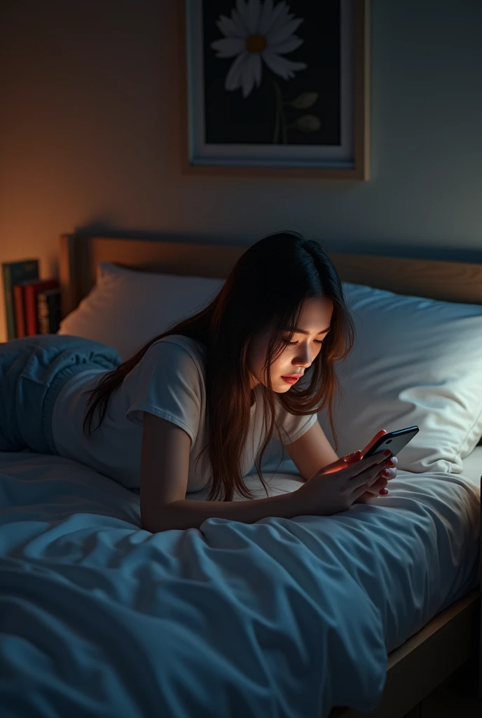 (photorealism:1.2), top view and side view normal room with dim light, woman laying on bed on her stomach using smartphone, hair slightly covering her face, some books beside her, relaxed pose