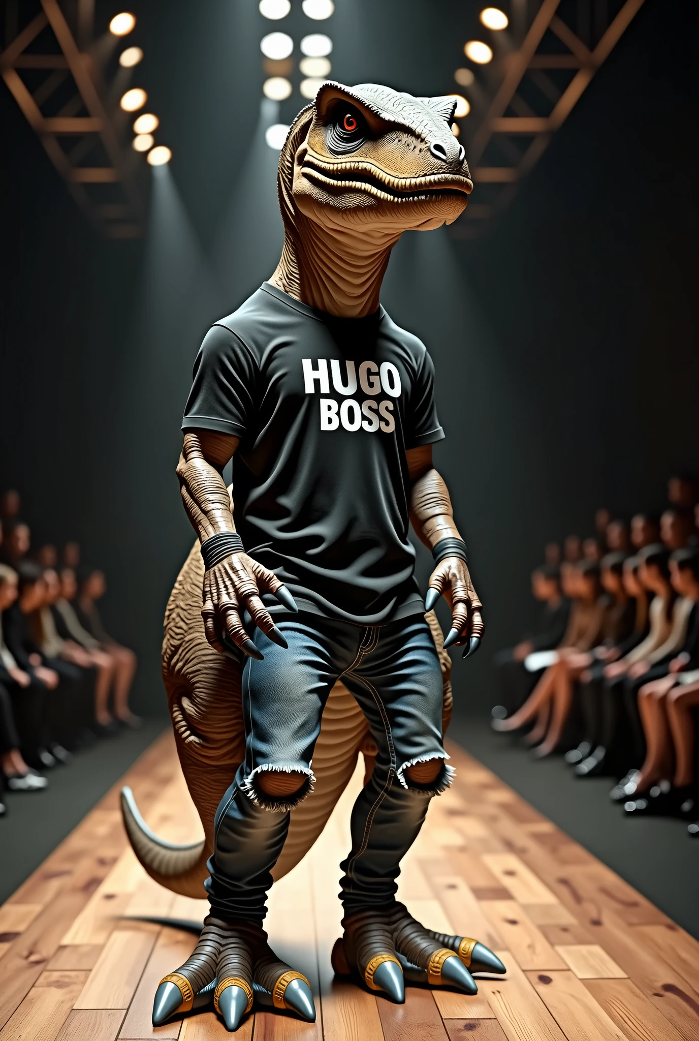 Dinosaur wearing a Hugo Boss T-shirt and jeans set in a real life full body photo fashion show