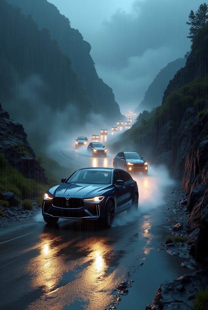 alL luxury suv cars climbing a mountain to havy rainfaal in nigth