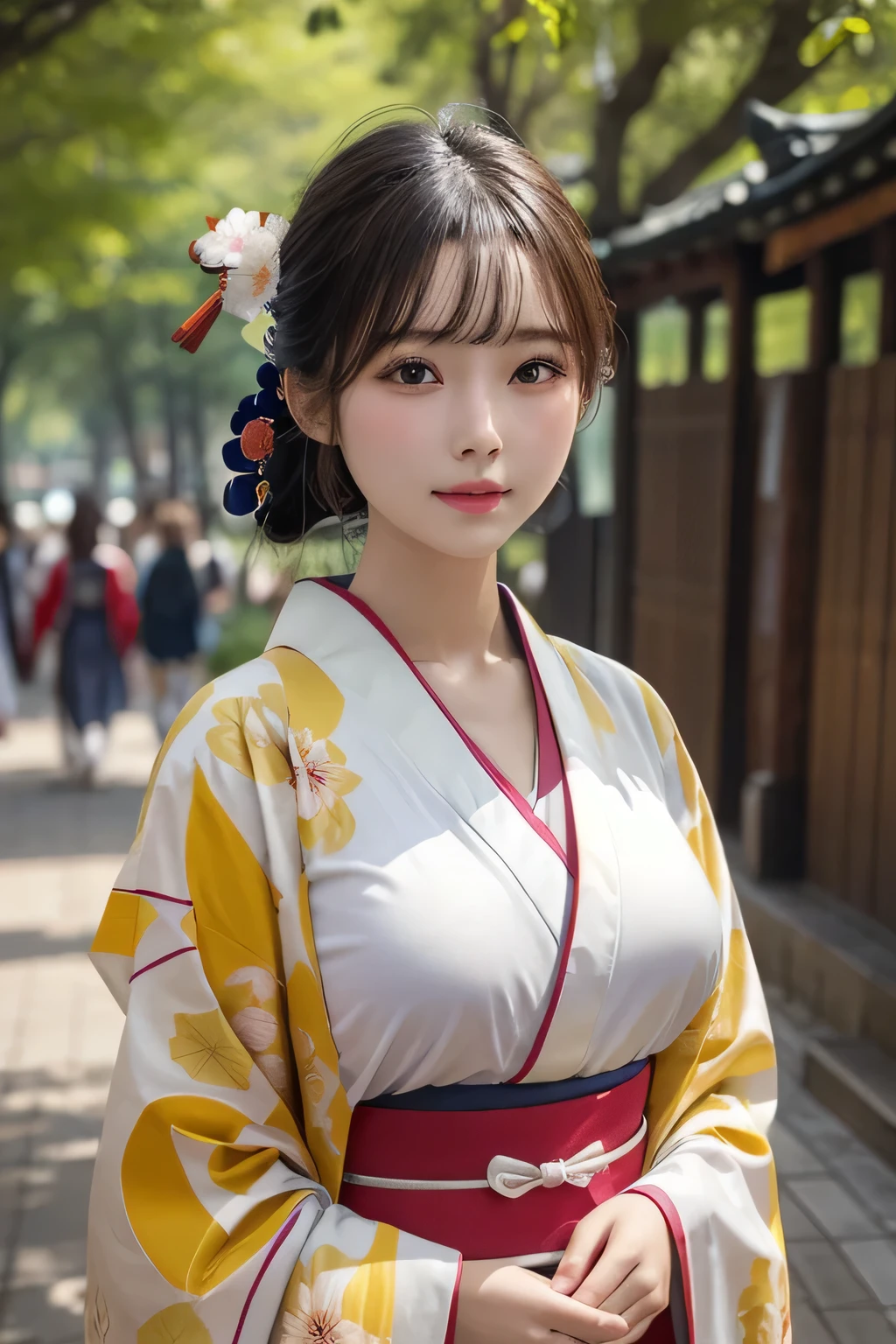 One Girl, 1 person,Highest quality,High resolution,超High resolution,8k,Realistic,Upper Body,encounter_audience,Large Breasts, the body is slim,(Kimono 1.2)