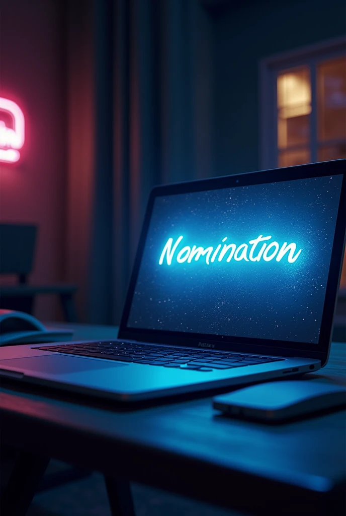 Create an image in cinematic style of  A sleek laptop displaying the nomination form, with the tagline "Submit Your Nomination Today" in a vibrant font 