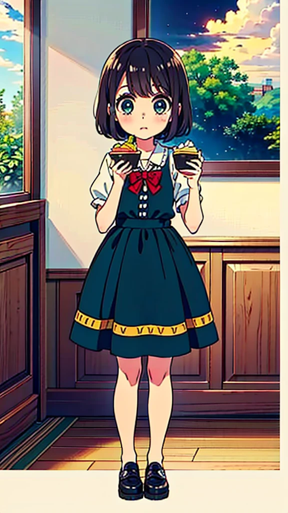 ((high quality)), ((masterpiece)), 8k, 10 year-old girl, light rays, extremely detailed, 8k wallpaper, ((full body)), eating dinner in home, cute clothes, kawaii, cute girl, brown hair, chanel short hair, green eyes, tiny girl, children, ???