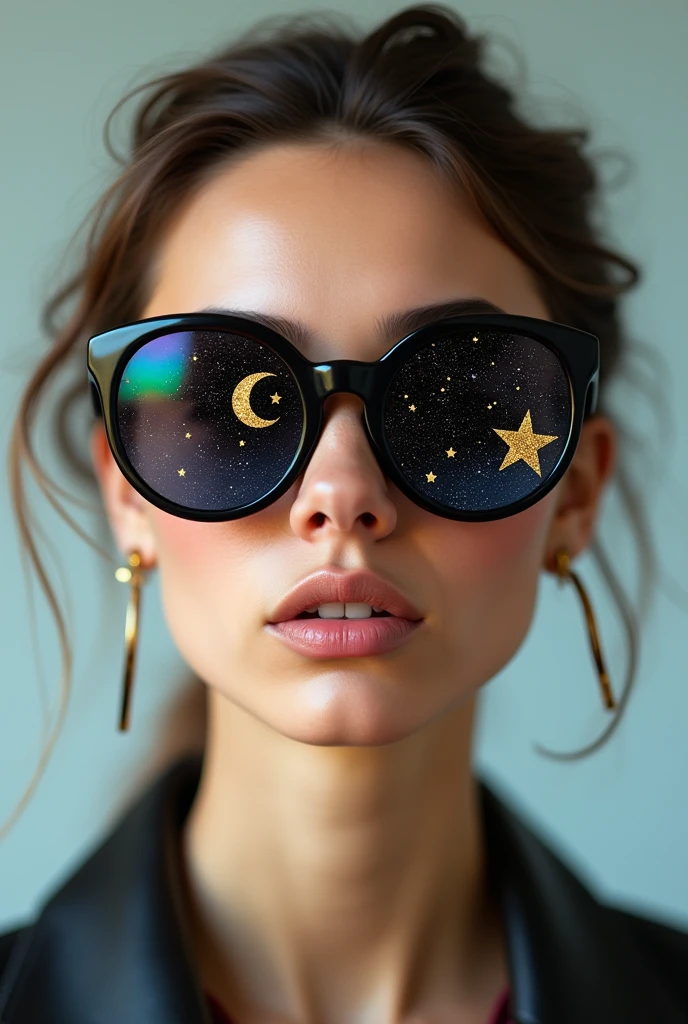 The model is wearing glass sunglasses with stars and the moon on the glass