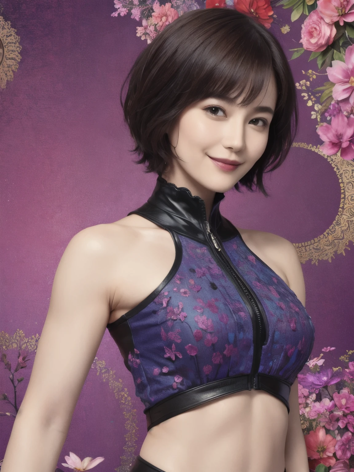 276 (20-year-old woman and man,short hair), Are standing, (beautiful:1.1), (Fractal Art:1.2), (Advanced backgrounds), (Many colors:1.4), (Old-fashioned smile), Abdominal muscles, flower