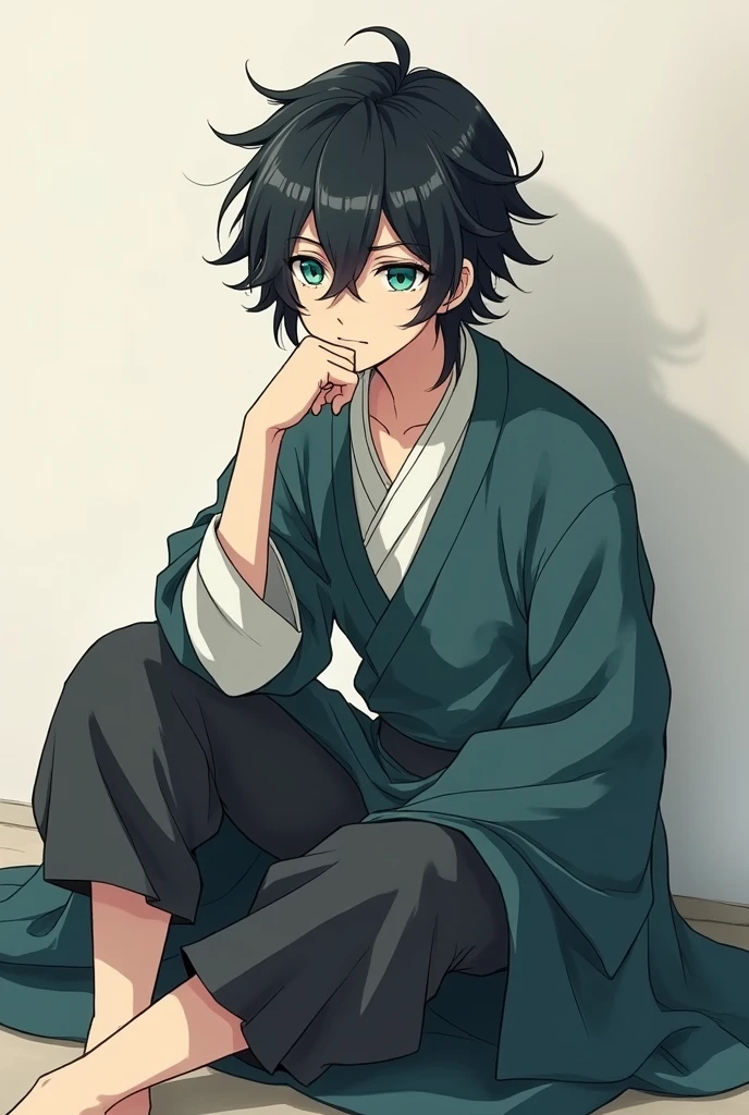 Anime boy medium-long black hair and turquoise eyes, serious with his feet up, wearing medieval clothes