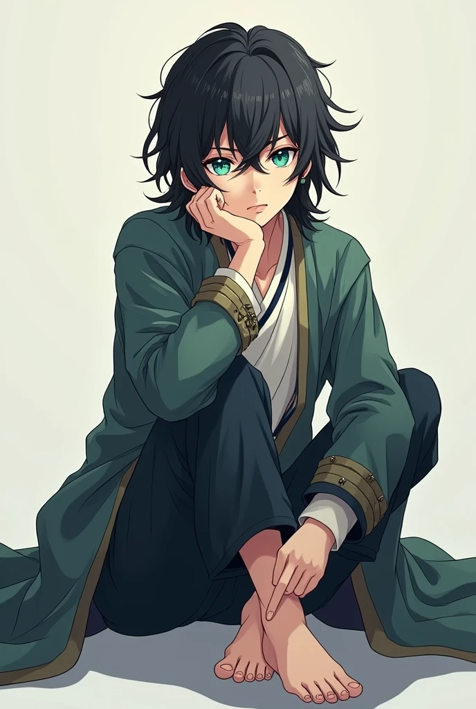 Anime boy medium-long black hair and turquoise eyes, serious with his feet up, wearing medieval clothes 