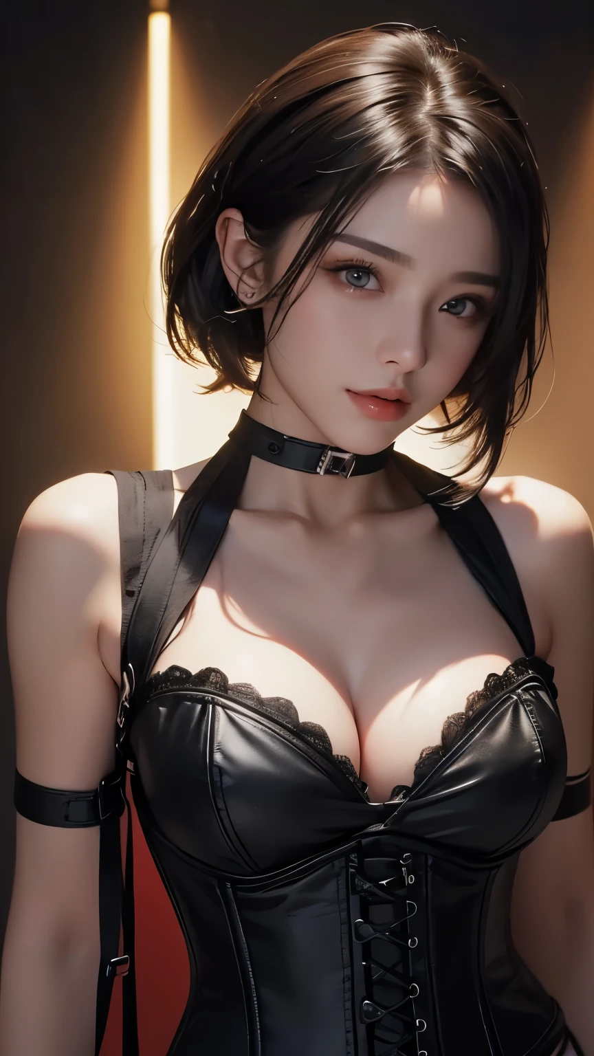 masterpiece, Highest quality, Very detailed, To the camera, 複雑に詳細なVery detailedな, Realistic, Sharp features, Very detailed, Sharp focus, Perfect Face, Perfect Face, Perfect symmetry and perfect eyes, Perfect Plump Lips, Flexible female form, Cinematic, Film Light, Very detailedな, hyper Realistic, masterpiece, Atmospheric, High resolution, Vibrant, Dynamic Studio Lighting, ((Dark Background)), The facial expression when feeling happy, handcuffs, BDSM, slave, Rubber, Red Corset, (赤いfirst round), ((Highest quality, 8k, masterpiece: 1.3)), Sharp focus: 1.2, Beautiful woman with perfect figure: 1.4, Slim Abs: 1.2, Wet body: 1.5, Very detailedな顔と肌の質感, Detailed eyes, double eyelid, Very short hair,((Sm嬢)),((m嬢)),handcuffs,first round,Red and black outfit