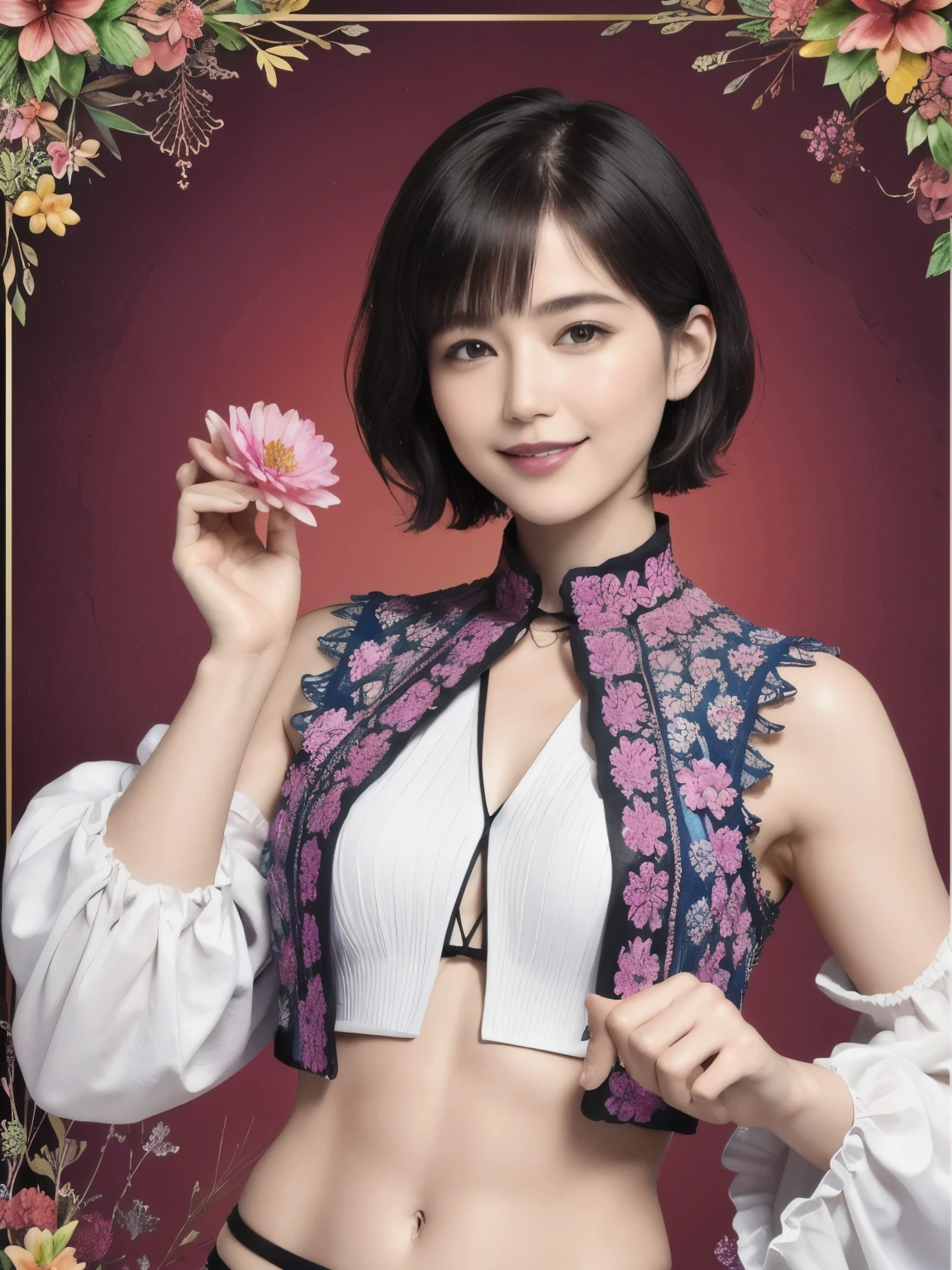 276 (20-year-old woman and man,short hair), Are standing, (beautiful:1.1), (Fractal Art:1.2), (Advanced backgrounds), (Many colors:1.4), (Old-fashioned smile), Abdominal muscles, flower